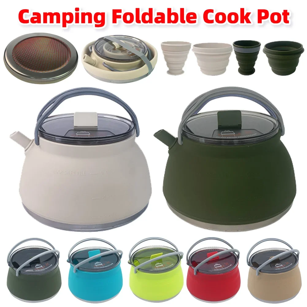 1,5 l Silikon-Wasserkocher mit Griff, 1 l Camping-Kochtopf, Edelstahlboden, zusammenklappbarer Wasserbecher/Schüssel für Camping-Rucksackreisen