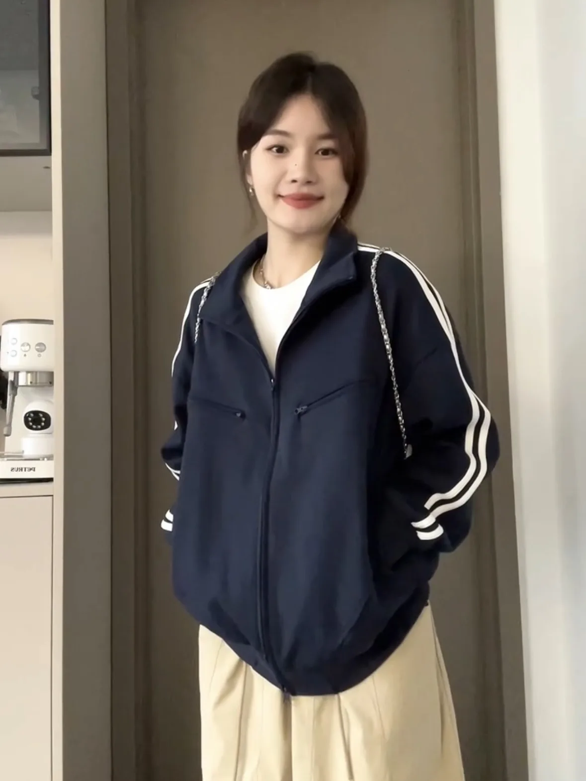 

Woman Denim Jackets Long-Sleeved Stand-Up Collar Leisure Pockets Lapel High European American Techwear Bf Punk Sleeves Blue