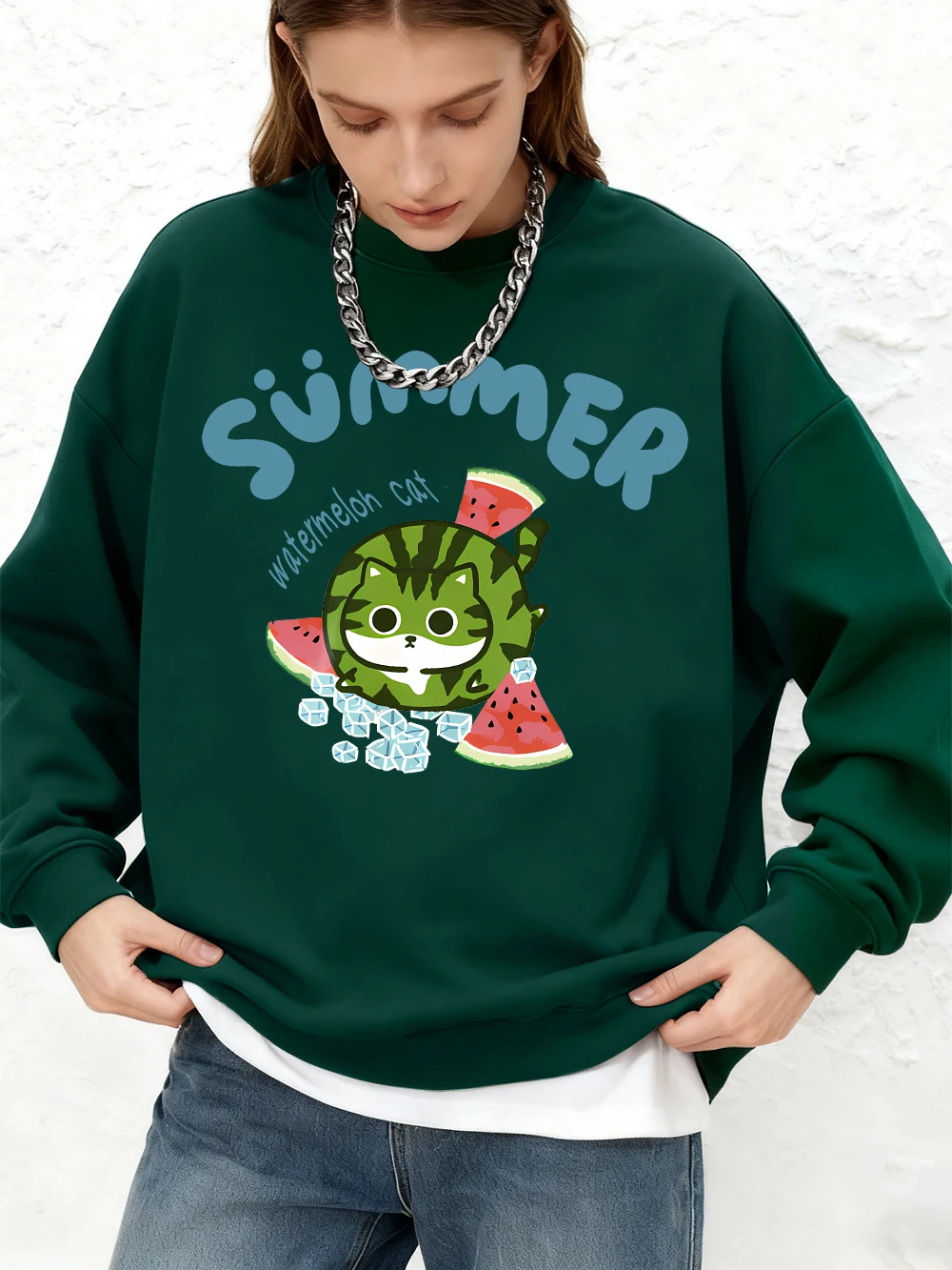 Watermelon Cat Prints Hoodies Womens Winter Warm Long Sleeves Sweatshirts Casual Jogger Crewneck Tops Oversize Woman Clothes
