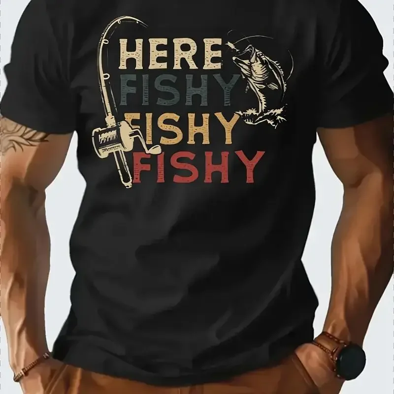 Men's Retro Fishing T Shirt Here Fishy Print 100 Cotton ò