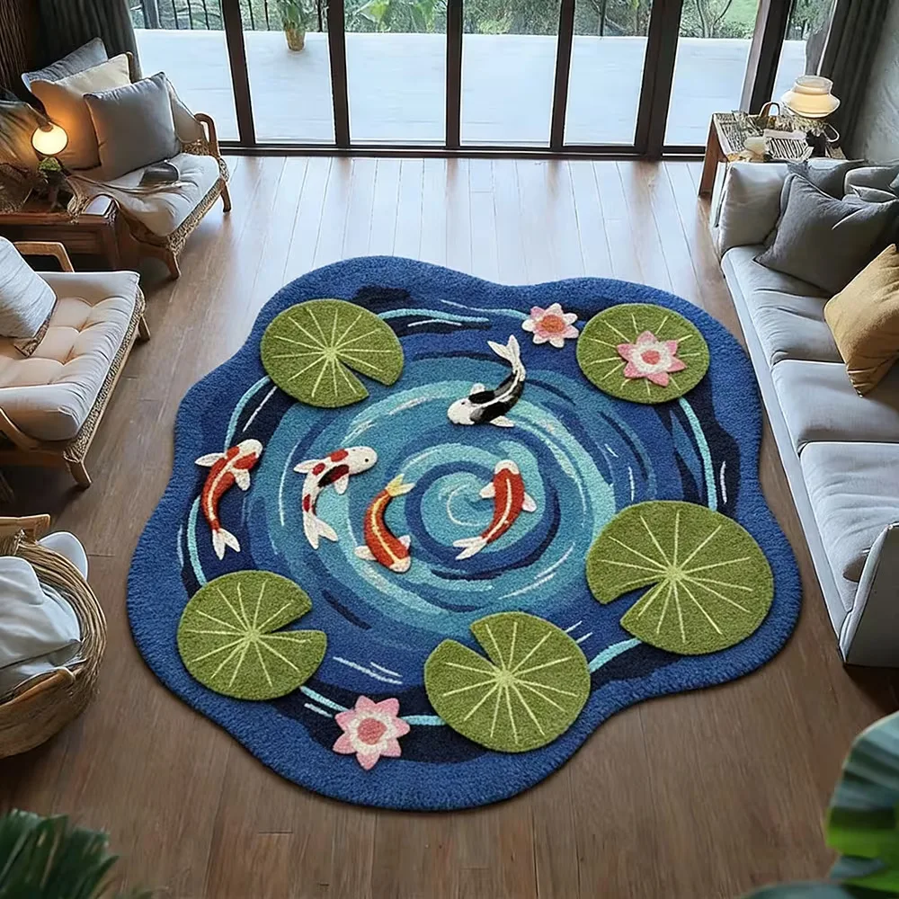 Koi Fish Pattern Bedroom Decor Round Carpet Anti-slip Carpets for Living Room Fluffy Soft Lounge Floor Mat Thick Plush Study Rug