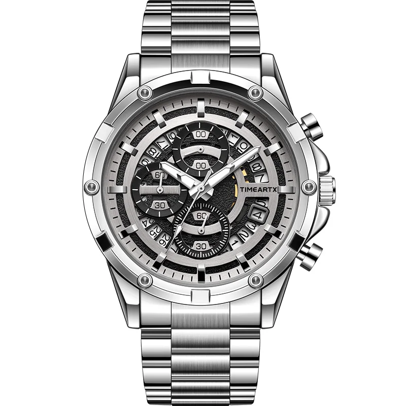 Timeartx 5430 جودة الأزياء الفولاذ المقاوم للصدأ للماء كوارتز ساعة المعصم رجل الصلب الفرقة مقياس رقمي ثلاثة العين ووتش #2