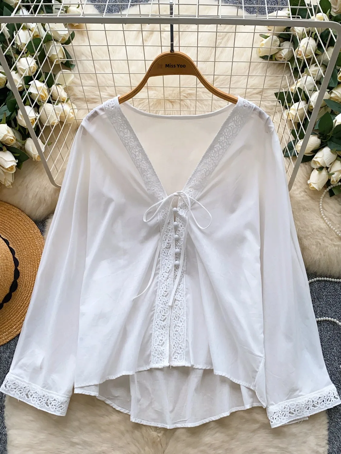

Retro Chinese Sle Long Sve irt Women's Loose Lace Trim Belted Trendy Autumn Top Korean Sle Casual Faion
