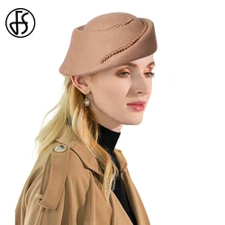 FS Vintage Camel Small Top Hats For Women With Faux Pearls Elegant Wedding Church Beret Fascinator Wool Felt Fedoras Winter Cap