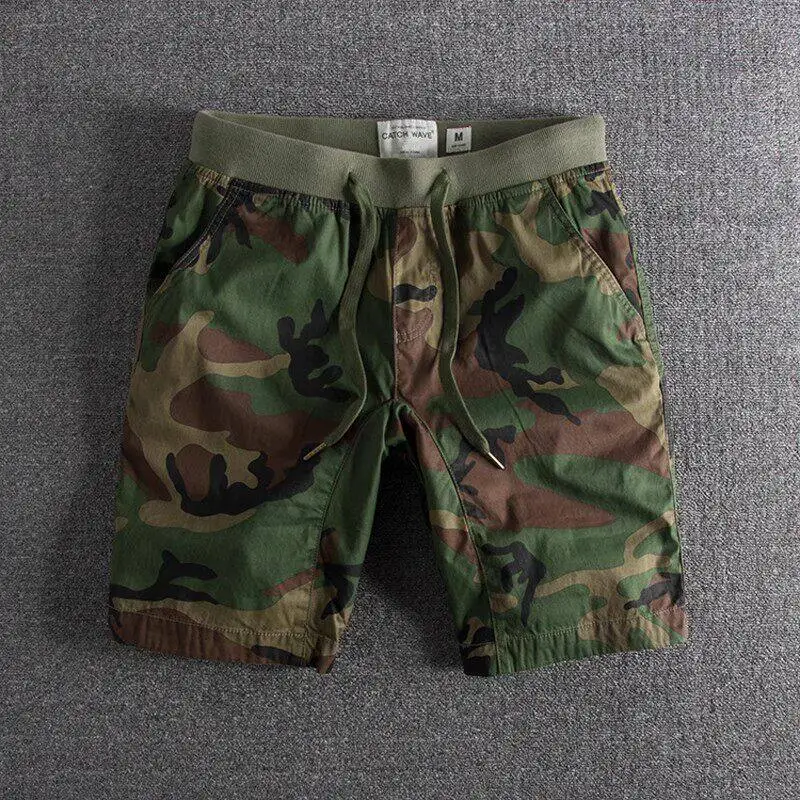 Summer Men's Trendy Camouflage Casual Five-Quarter Workwear Shorts Slim Fit Lightweight Quick Dry Washed Mid-Length Pants