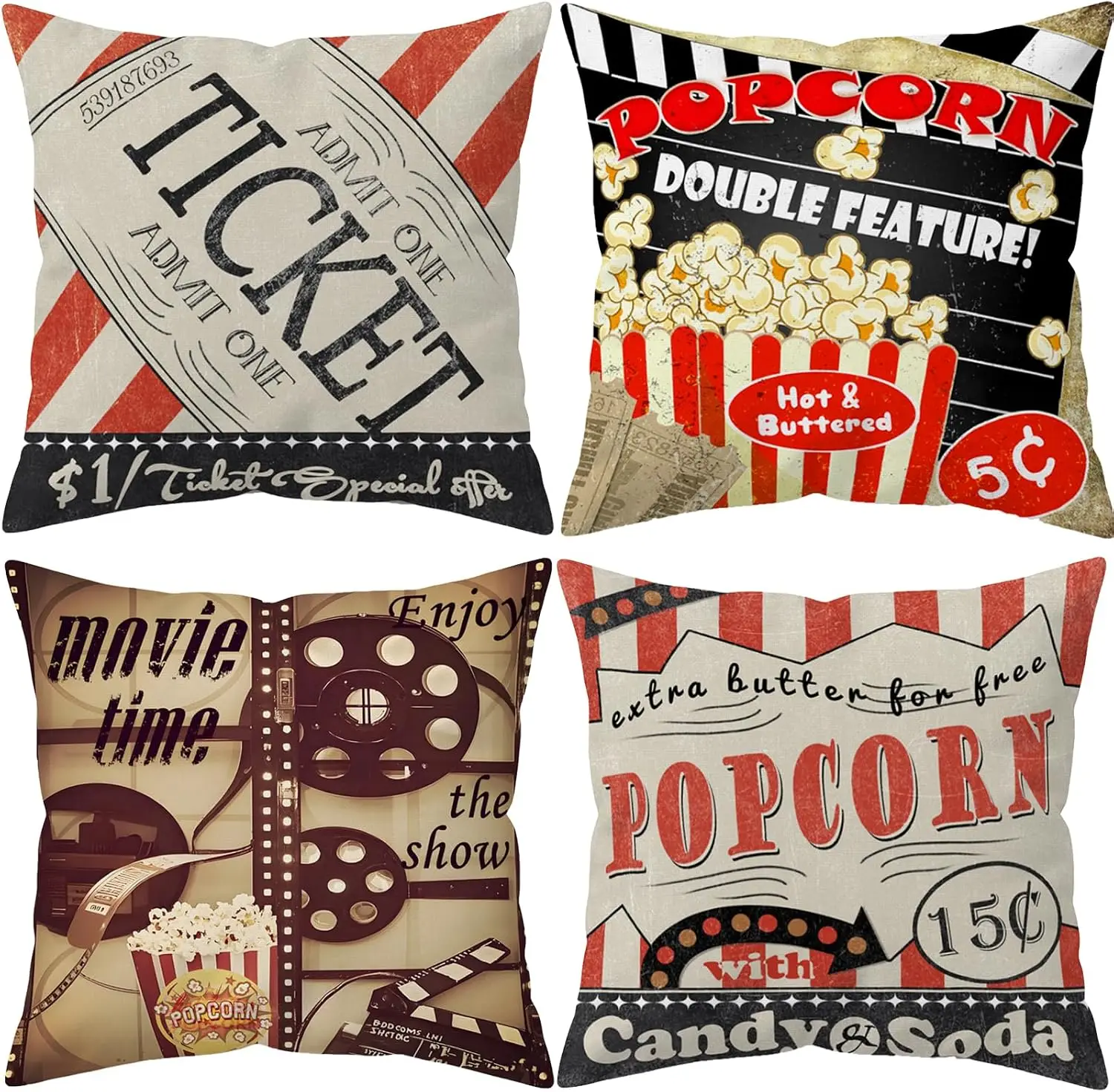 4Pcs Retro Cinema Throw Pillow Covers Vintage Popcorn Ticket Film Reel Clapperboard Striped Letter Home Sofa Decor Cushion Cases