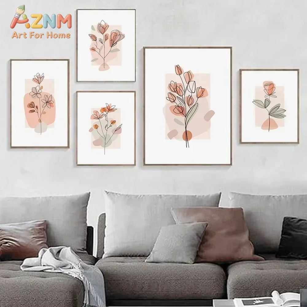 1PC Drawn Pink Flower Line Art Portrait Wall Art Minimalist Print Canvas Painting for Living Room Modern Posters Home Decor