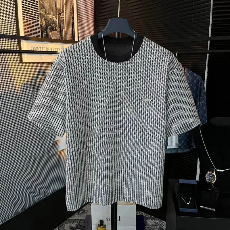 

Spring And Autumn Men'S Short Sleeve Knitted Sweater Round Neck Jacquard Houndstooth Thickened Base Shirt Fashion Top