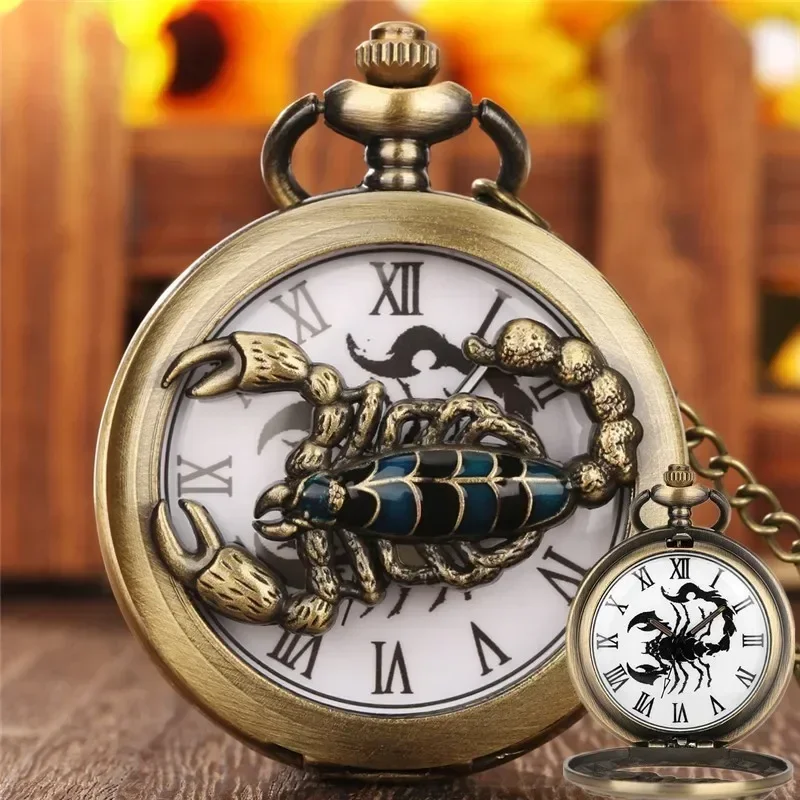 Vintage Antique Half-Hunter Pocket Watch Roman Numerals Quartz Movement Hollow-Out Scorpion Design Unisex Gift for Men Women