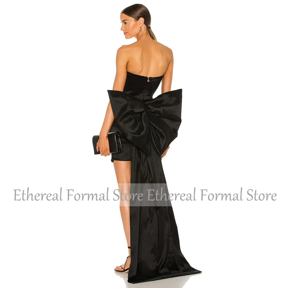Black Satin Mini Short Party Dress Mermaid Cocktail Dress With Detachable Bow Prom Gown Pleat Strapless Homecoming Dress