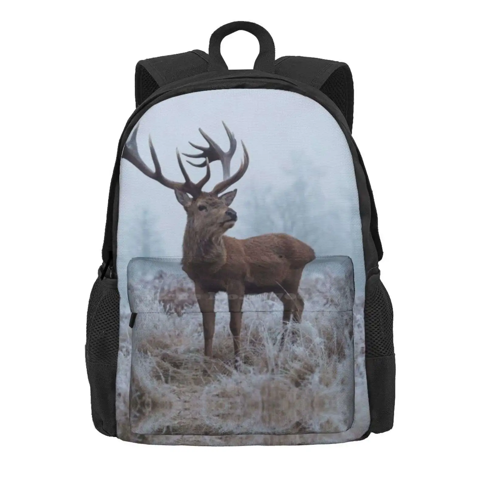 Monarch In A Field Of White Hot Sale Schoolbag Backpack Fashion Bags Stagoftheday Deer Wild Winter Frost Snow Legend Mystical