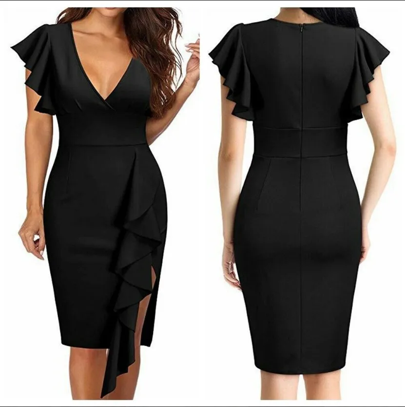 

2026 Spring Women's New Deep V-neck Ruffle Sleeves Wedding Banquet Pencil Skirt