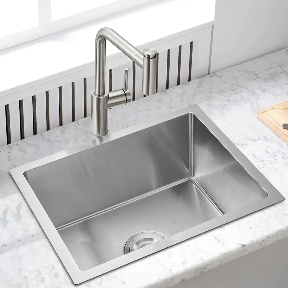 حوض مطبخ بوعاء واحد من الفولاذ المقاوم للصدأ 304 مقاس 20 × 16 بوصة، عميق 9 بوصة، تصميم مدمج سفلي مع نصف قطر ضيق C #2