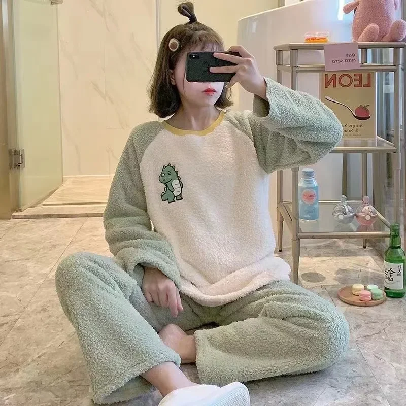 Women Coral Fleece Pajama Set Cute Cartoon Dinosaur Print Long Sleeve Loungewear Autumn Winter Warm Casual Soft Sleepwear Suit