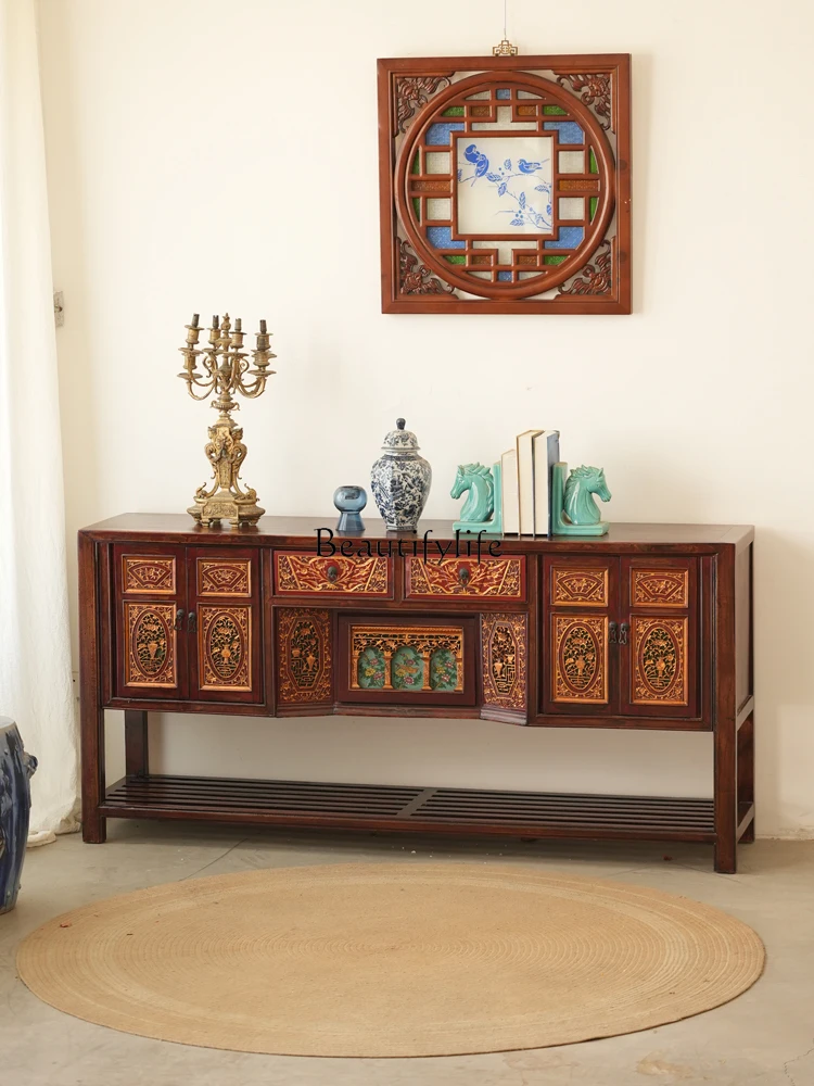 

Solid wood painted entrance wine cabinet carved and decorated end view table side cabinet long table