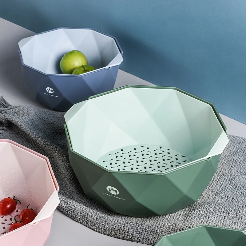 

Double layer vegetable wash basin plastic drain basket living room household washing fruit tray kitchen fruit basket