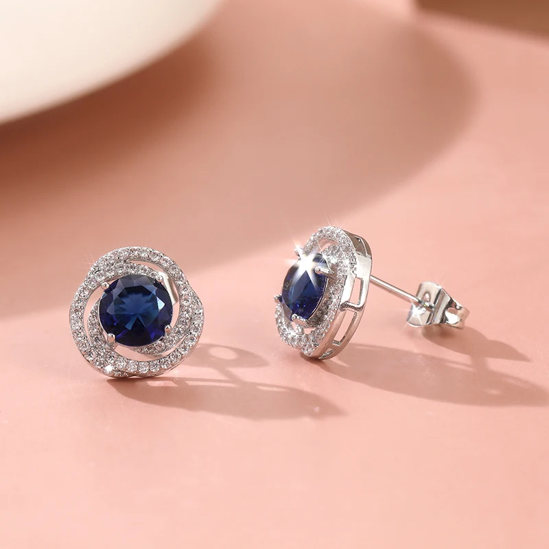 Luxuriöse Imitationskristall-Ohrringe mit blauem Zirkon, rund, silberfarben, für Bankett und Hochzeit, Schmuck für Damen.