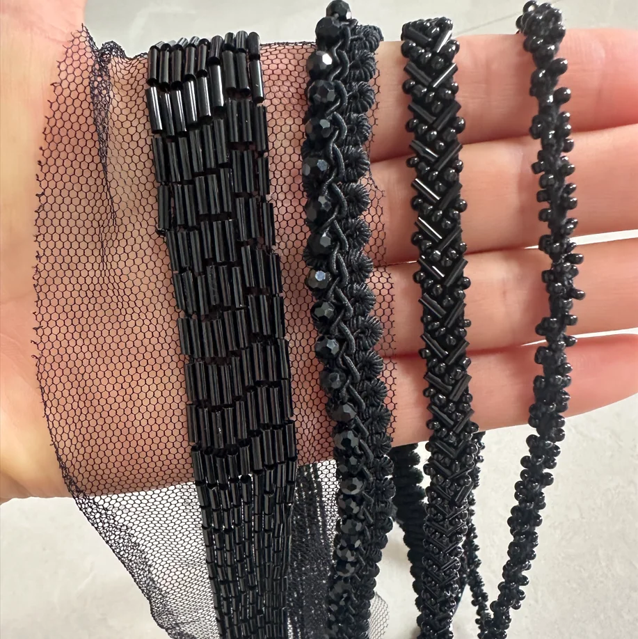 Accessoires de couture artisanaux brodés noirs, 90cm, tissu appliqué de mariée, décor de robe de mariée, garniture en dentelle, ruban perlé