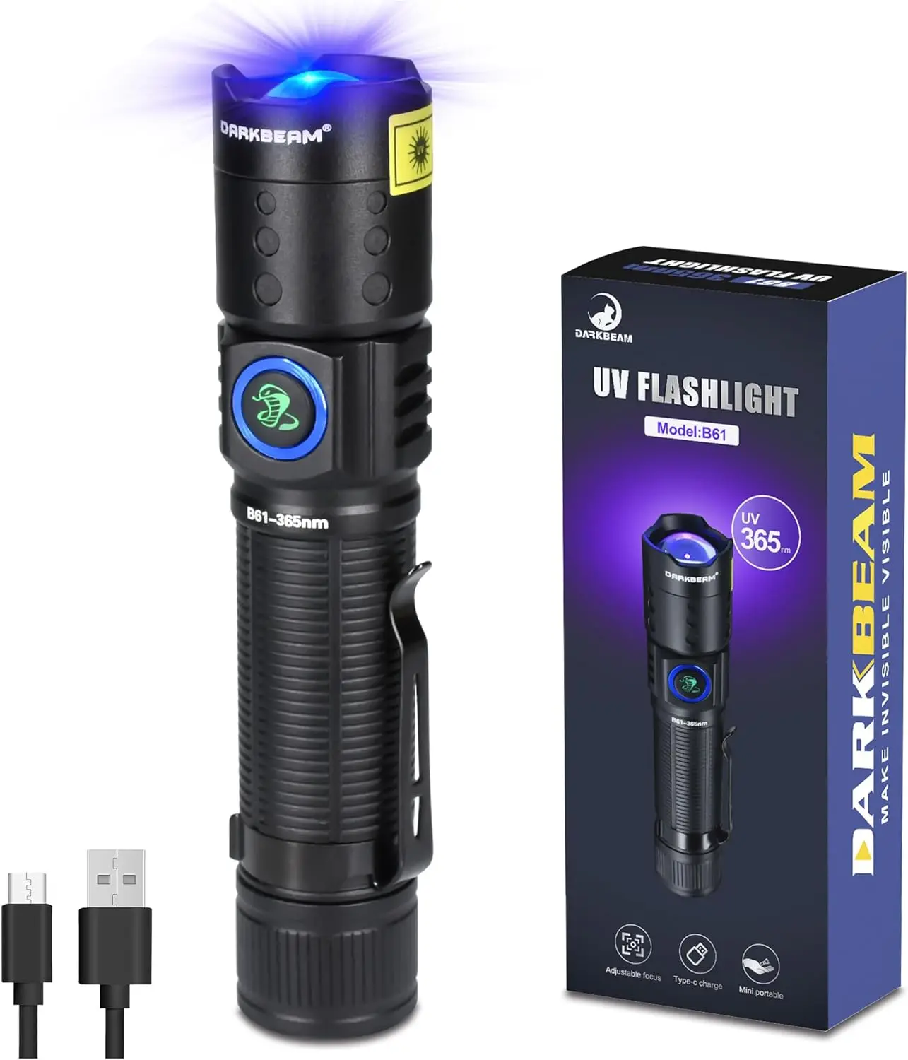 

Powerful UV 365nm Flashlight, Rechargeable USB-C, Adjustable Focus, Water Resistant for Pet Urine & AC Leak Detection