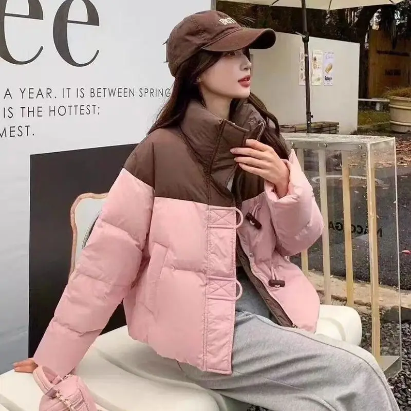 2025 Autumn/Winter New Women's Cotton Jacket Commuter Windproof Splicing Bull Horn Button Short Jacket