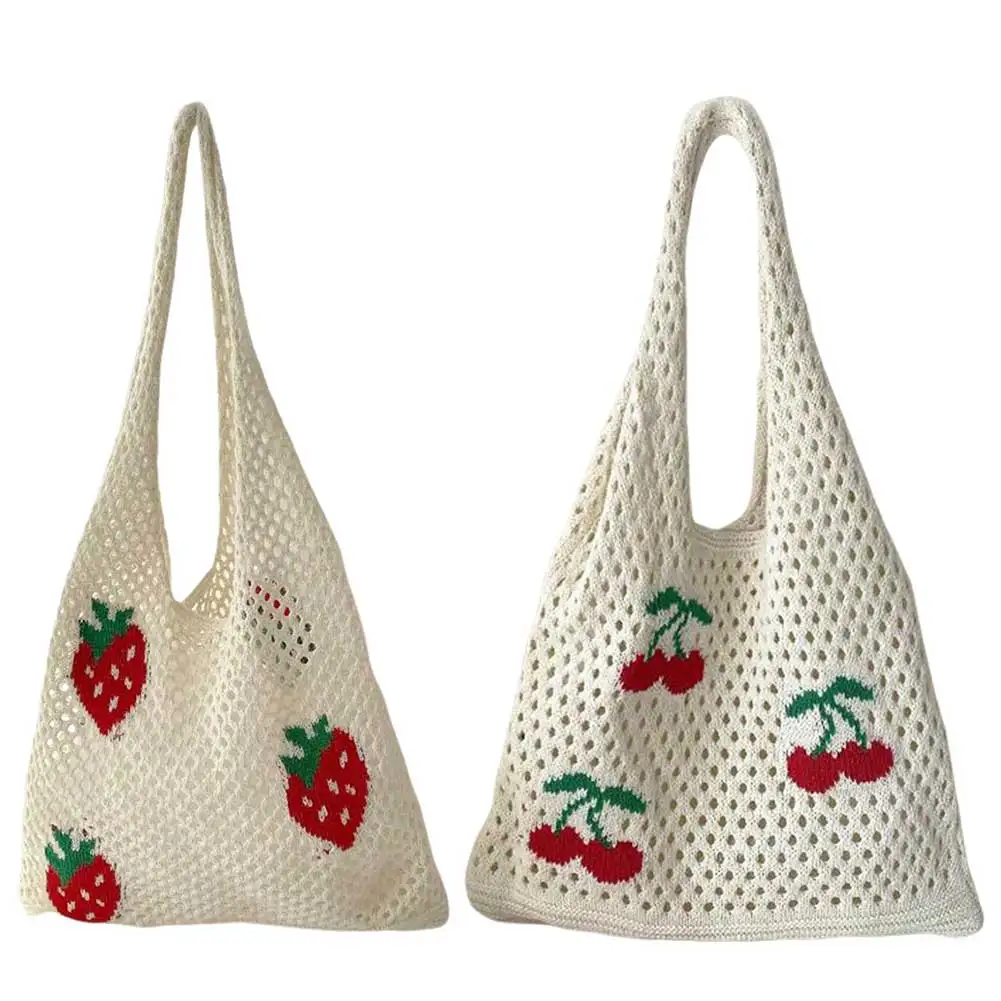 Women Fashion Strawberry Cherry Pattern Crochet Tote Bag Large Capacity Shoulder BagCasual Handbag Cute Trendy Bag Knitting Bag