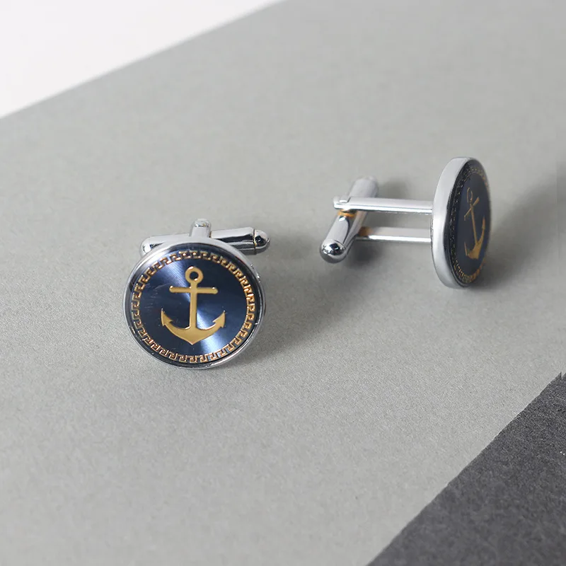 New Fashion Blue Navy Anchor Badge Cufflinks Men's Shirt Placket Button Cuff College Style Cufflinks Wholesale Gifts for Men