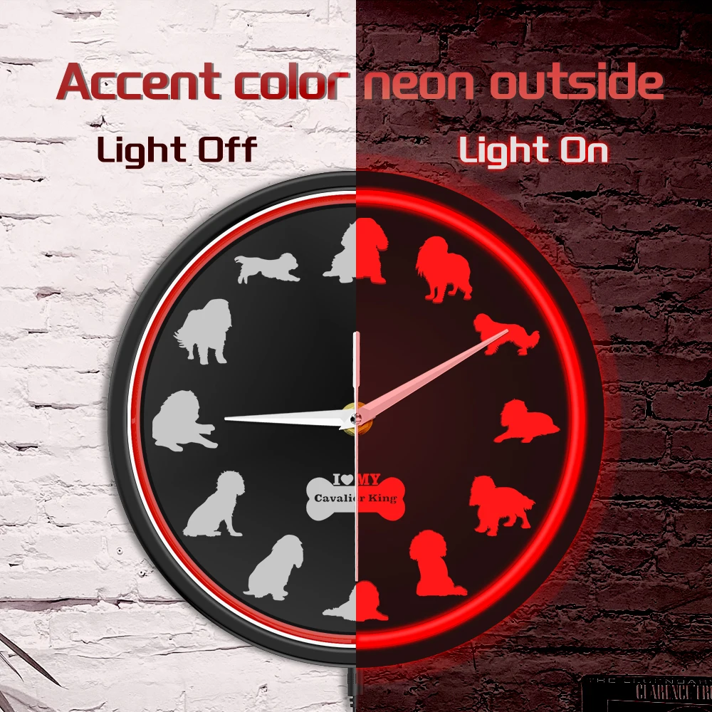 

Cavalier King Charles Spaniel Metal Frame LED Neon Illuminated Clock Glow In Dark Puppy Dog Home Decor Night Light Wall Clock