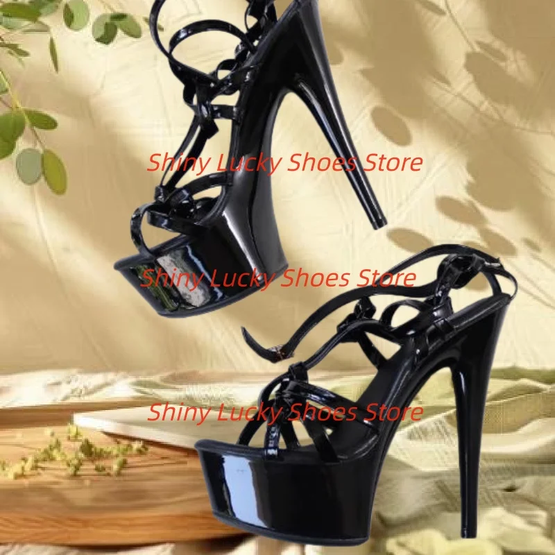 

Platform Shoes for Womens Round Toes Thin High Heels Crossover Strap Tacones Patent Leather Chassure Femme Buckle Female Sandals