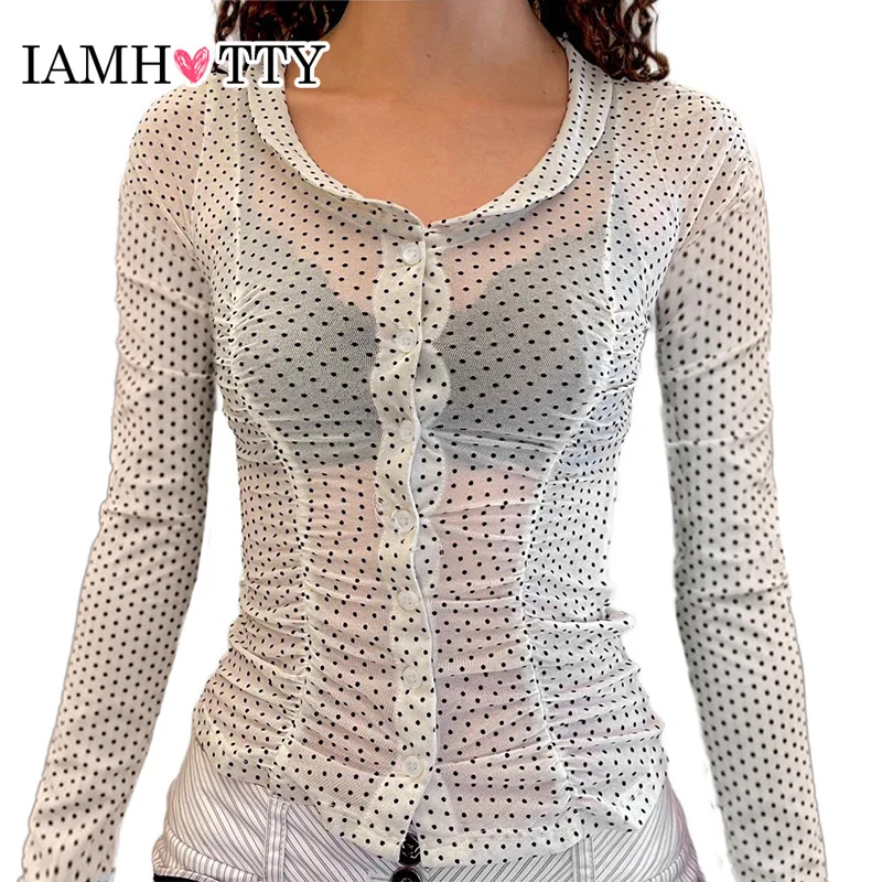 IAMHOTTY Sexy See Through Polka Dot Print Shirt White Single-breasted Slim-fit Blouses Ladies Chic Folds Mesh Tops Streetwear