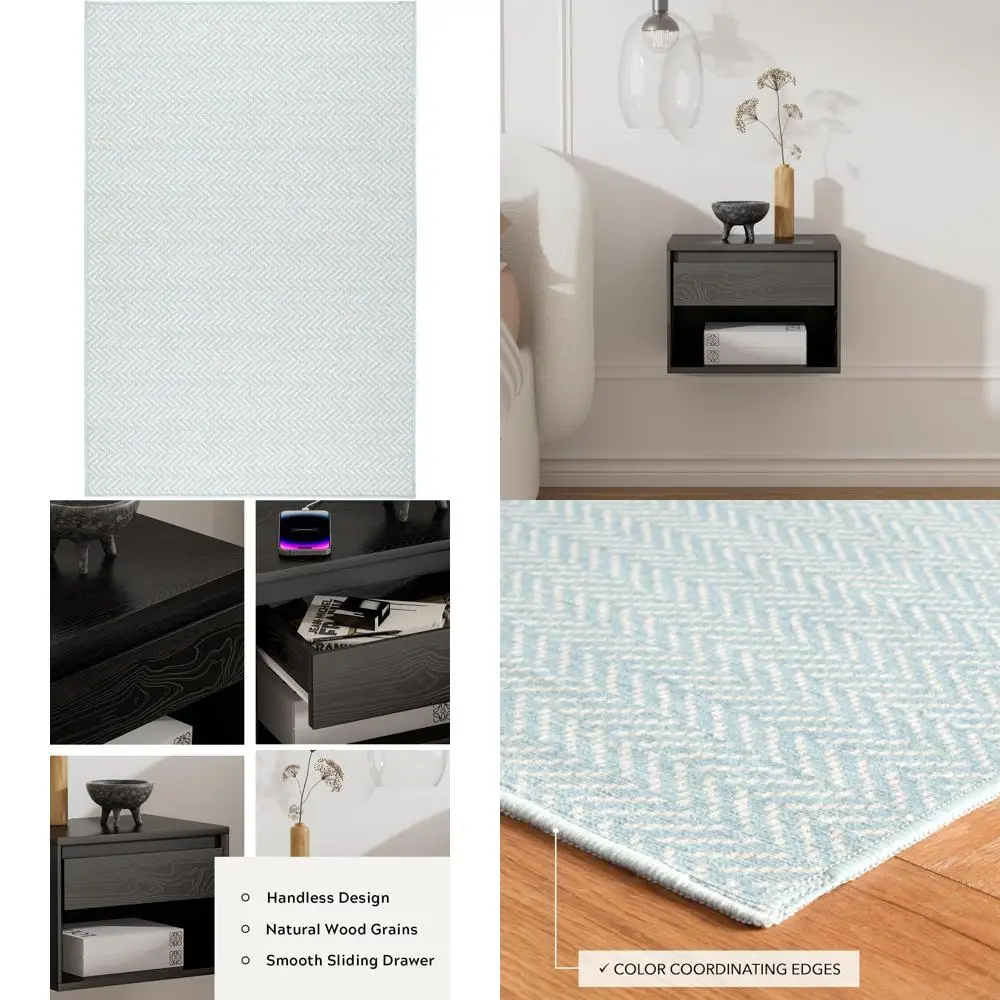 

Geometric Accent Rug - 4x6 Swedish Blue Herringbone Machine Washable Area Rug with Anti-Slip Backing - Lightweight and Durable