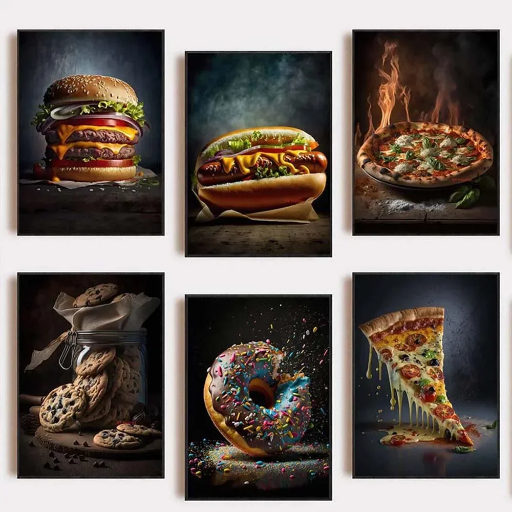 Póster de comida callejera deliciosa, pintura en lienzo, Pizza, hamburguesa, Perro caliente, helado, arte de pared para cocina, restaurante, decoración del hogar