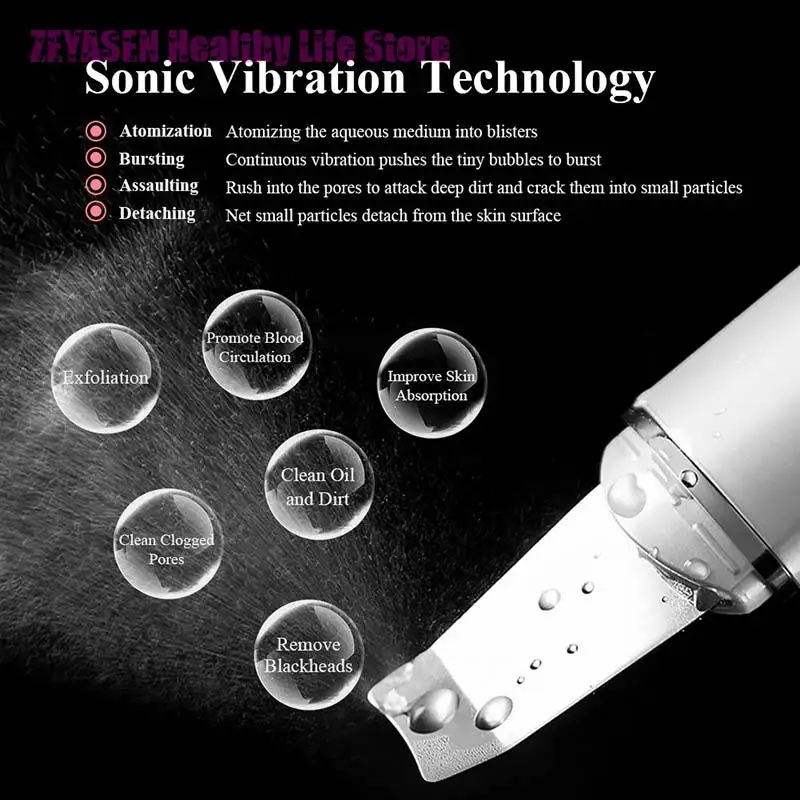 Zeyasen Ultraschall-Hautwäscher, Vibration, Gesichtsspatel, Mitesser-Entferner, Schaufel, sauberes Kavitation, Peeling, Gesichtslift, Hautpflege