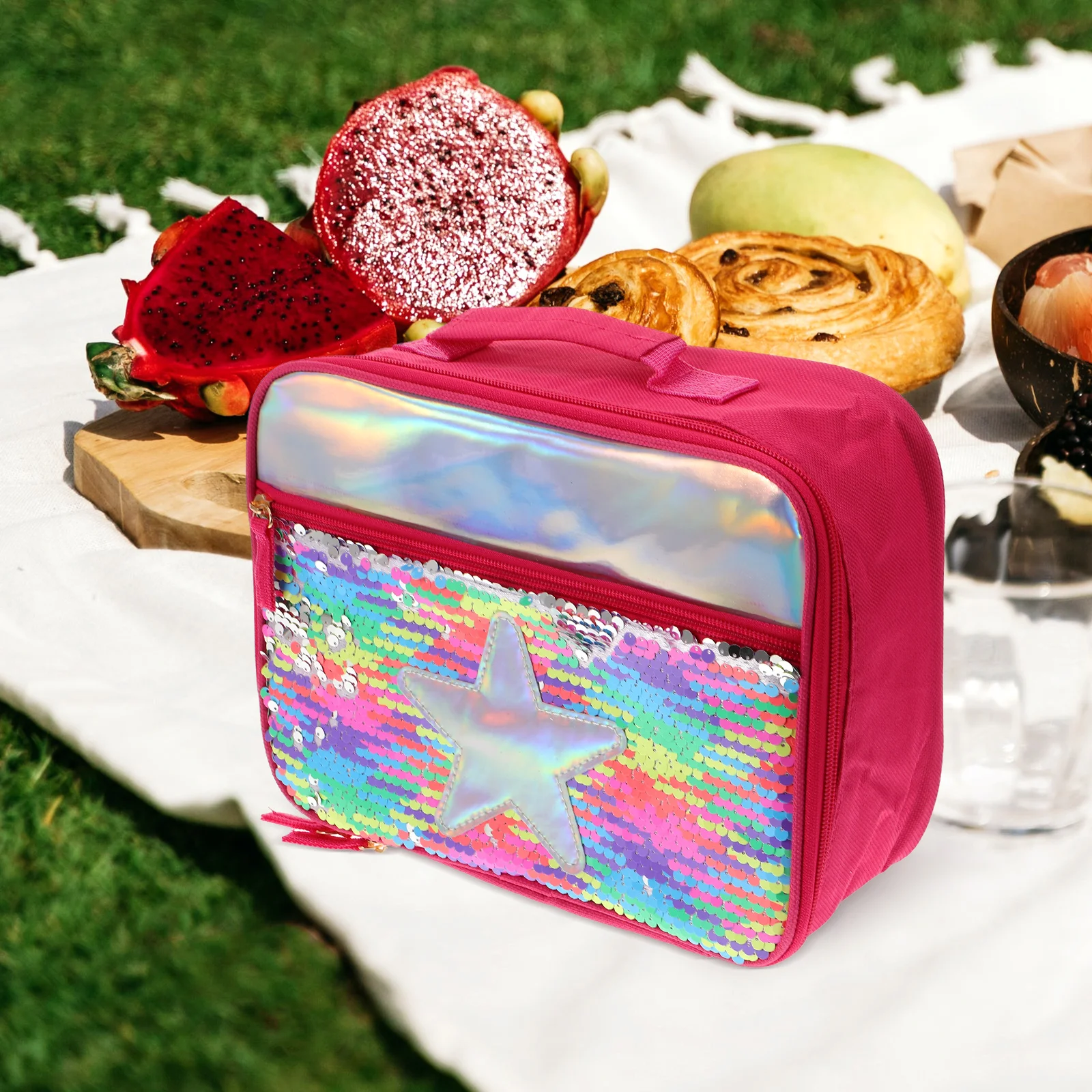 

Lunch Cooler Bag Kids Portable Bento Pouch Sequin 600d Polyester Insulated Travel Storage Bright Colored Heat Retaining Large