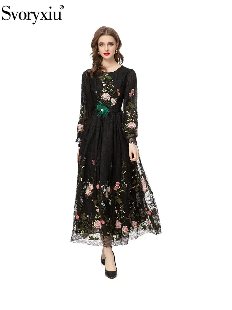 

Svoryxiu Fashion Runway Autumn Party Black Elegant Long Dress Women's O-Neck Crystal Flower Embroidery Long Sleeve A-Line Dress