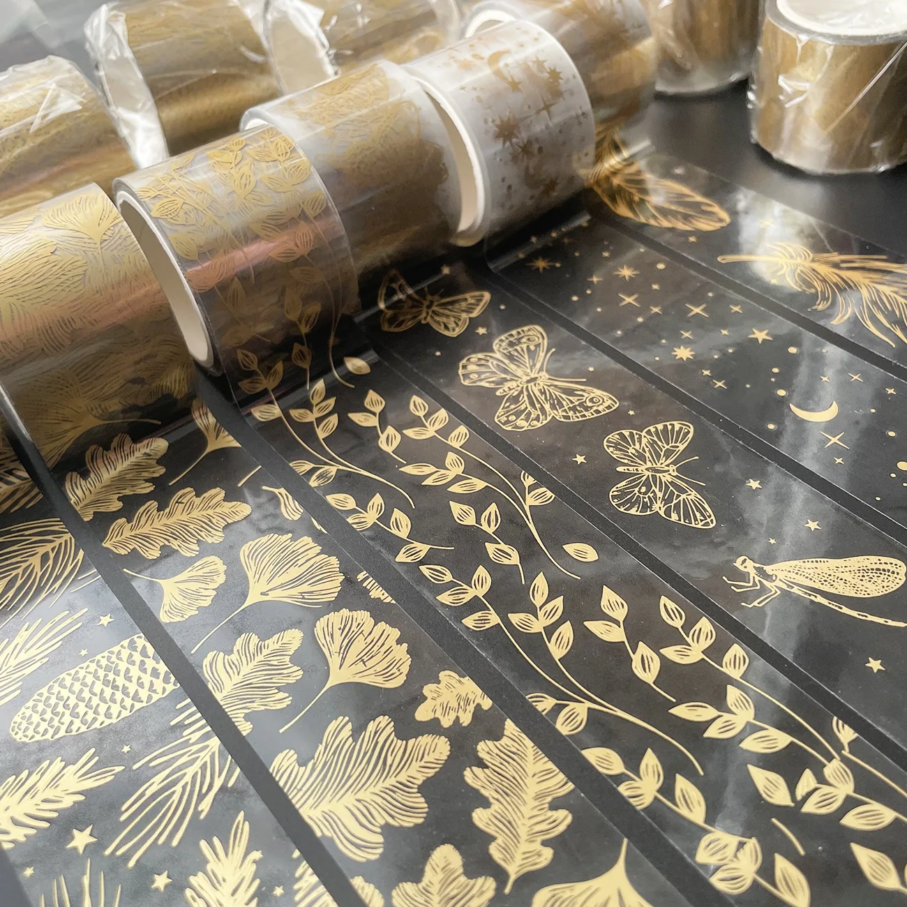 30mm Wide Butterfly Feather Leaves Decorative Adhesive Tape Golden Transparent Masking Washi Tape Scrapbooking Sticker Label