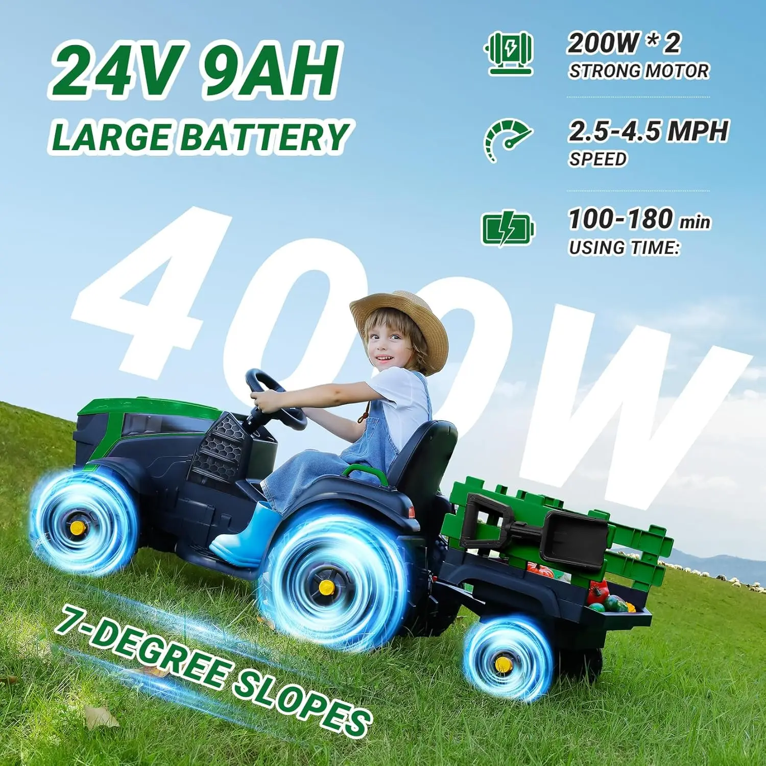 Tractor de paseo de 24V y 9AH con remolque fácil desmontable, juguete de Tractor eléctrico de motores de 400W para niños grandes, capacidad todo terreno, Saf