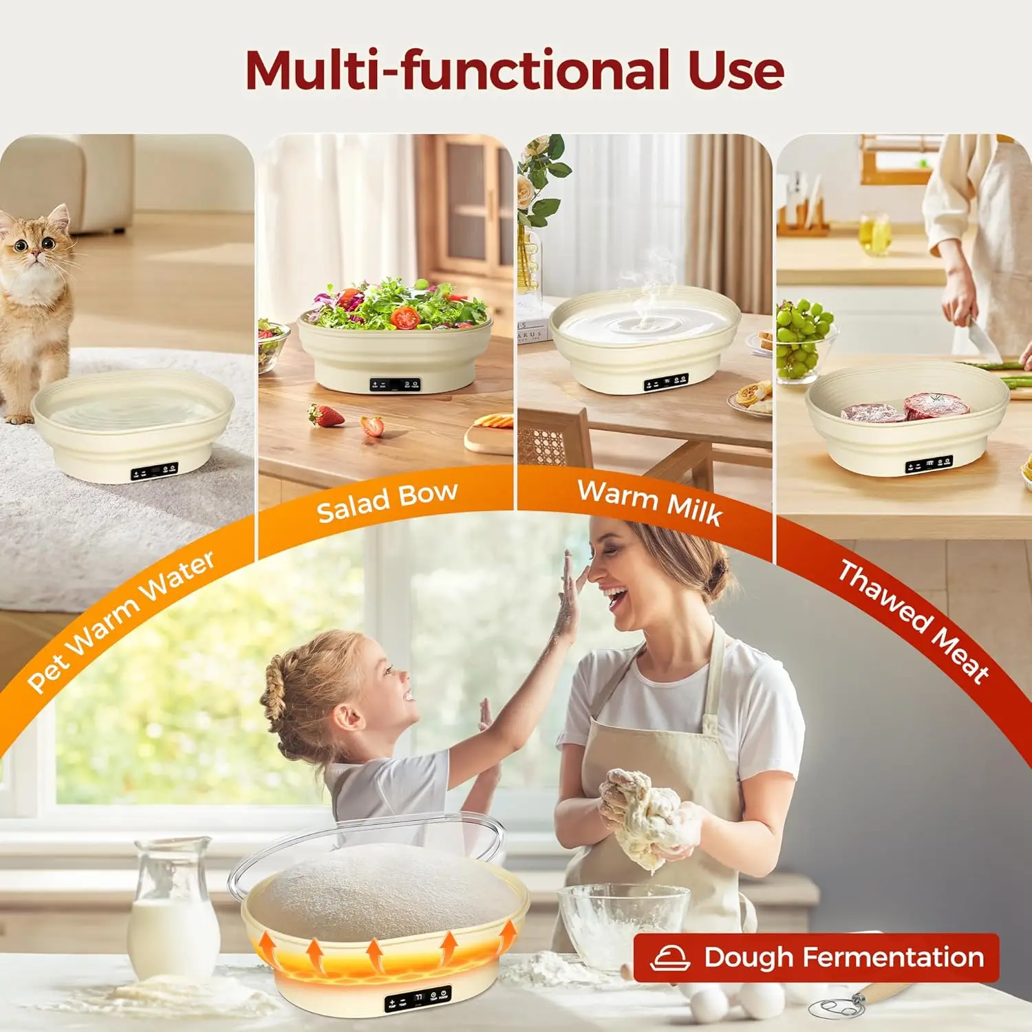 Ensemble de paniers d'épreuve de pain au levain chauffant 4L – Panier d'épreuve de pain Banneton ovale en silicone de 14 pouces avec minuterie améliorée et 6 températures