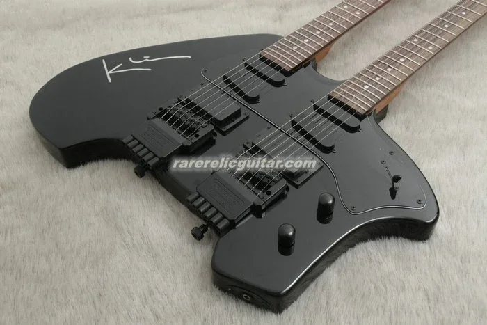 

Custom Klein Black Double Neck Headless Electric Guitar Mahogany Body Vibrato Arm Tremolo Bridge Whammy Bar Black Hardware