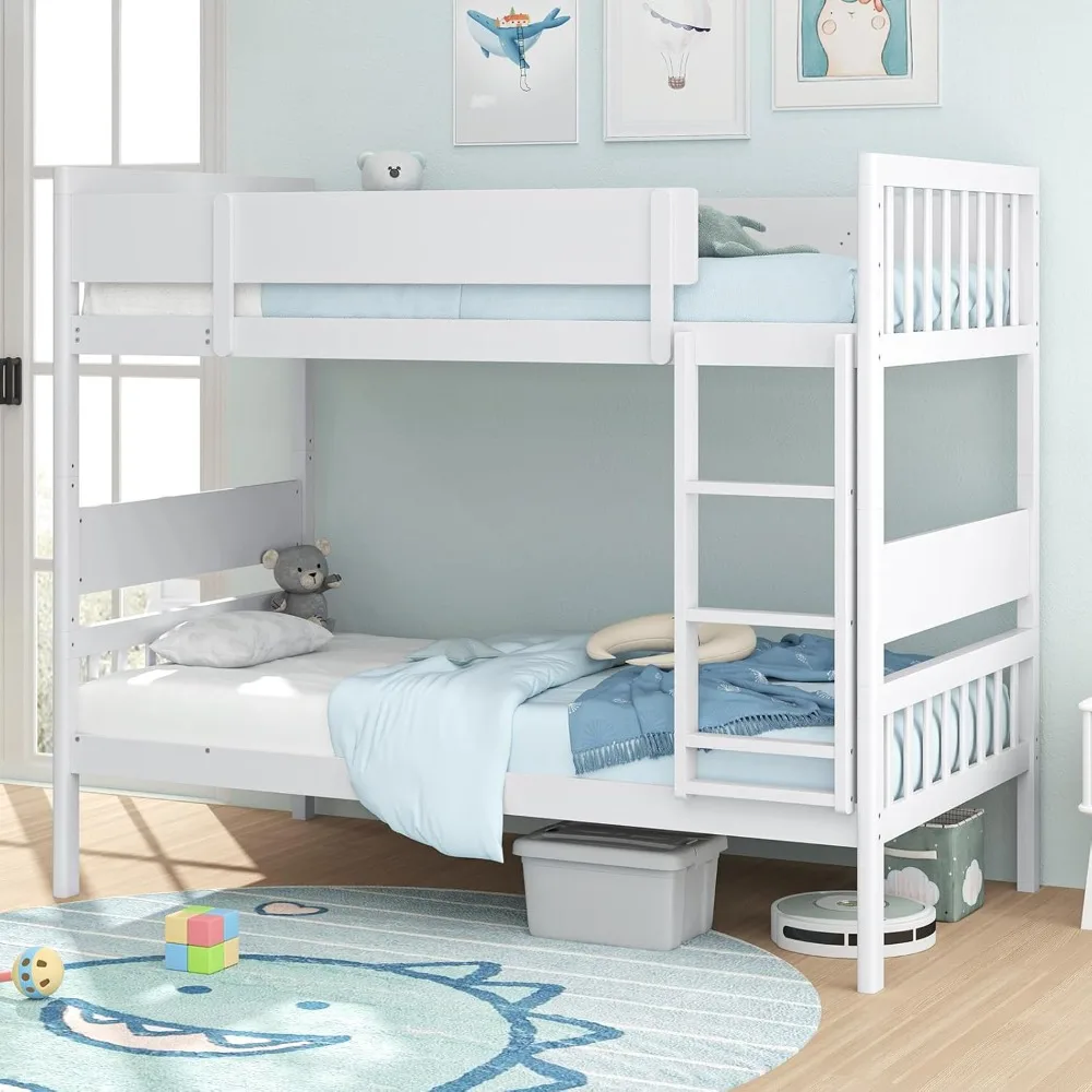 

Twin Over Twin Solid Wood Bunk Bed with Ladder and Safety Rails, Space-Saving Convertible Design