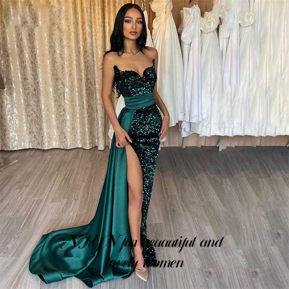 

NFYN Green Evening Gown Mermaid Sexy Beaded Prom Dresses Pleat Sweetheart Side Split Evening Dress robes de soirée Customized