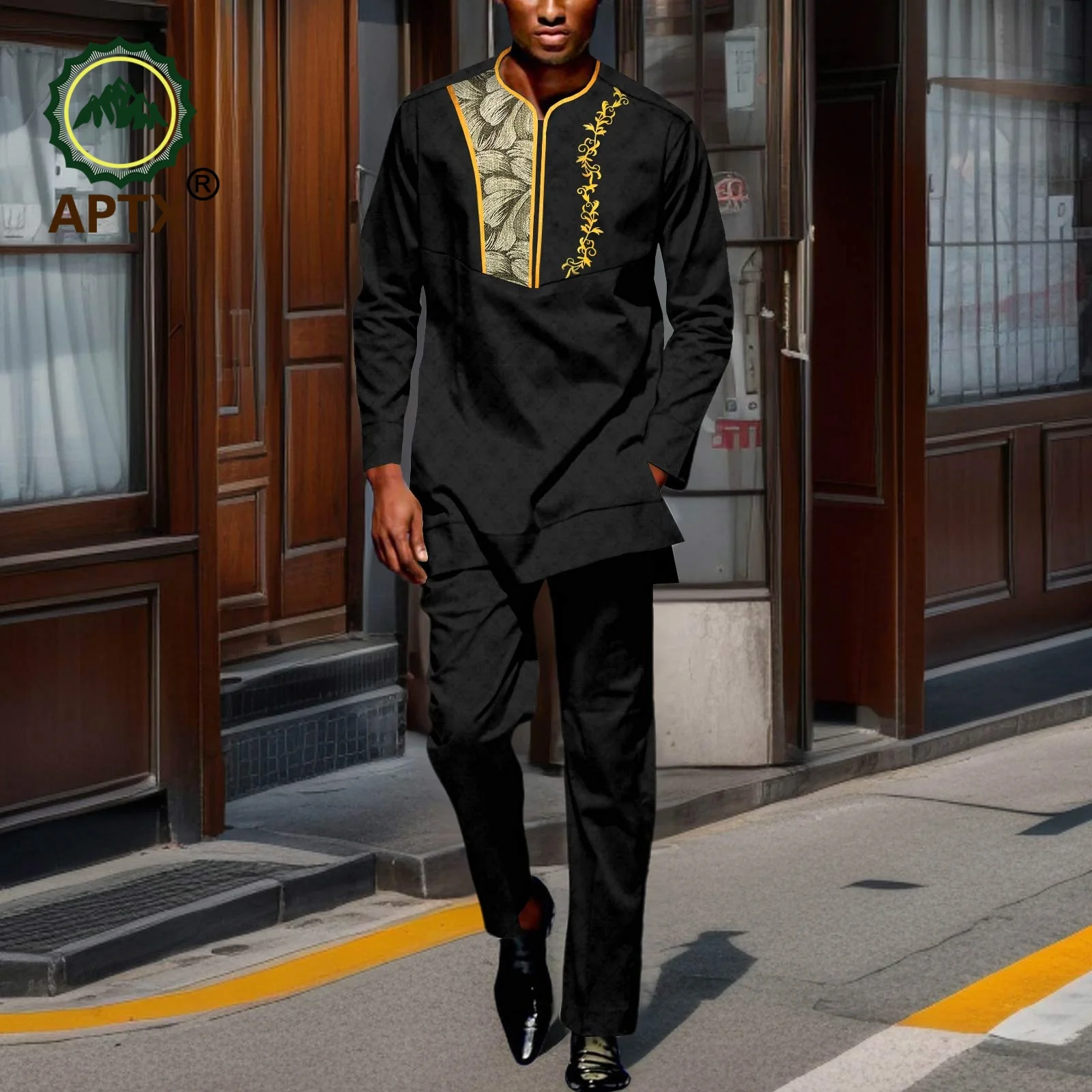 African Clothing Set for Men Traditional Outfit Oversized Casual Fashion Long Sleeve T-Shirt 2-piece Men's suit  2416115