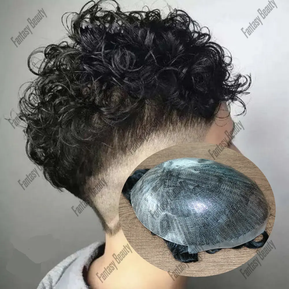 PU dasar kulit penuh 20mm rambut manusia keriting Toupee untuk pria garis rambut alami Unit sistem pengganti prostesis rambut pria