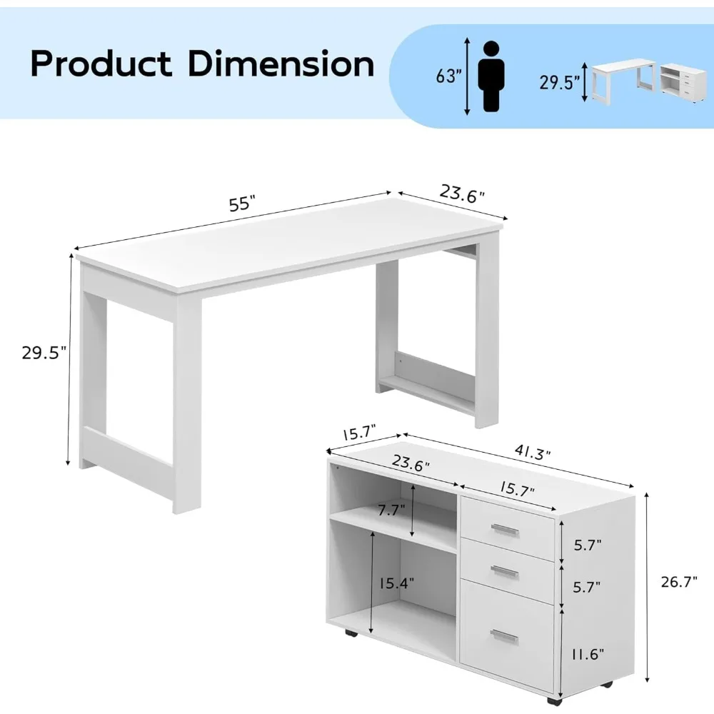 55inch L Shaped Desk with 3 Drawers & 2 Shelves，Office Table with Storage File Cabinet，Executive Desk with Wheels，Computer Desk