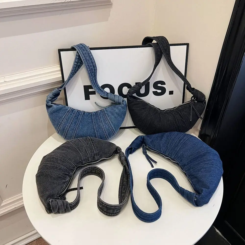 

Простая винтажная сумка через плечо с круассаном, однотонная повседневная джинсовая холщовая сумка, большая вместительная джинсовая холщовая сумка для студентов