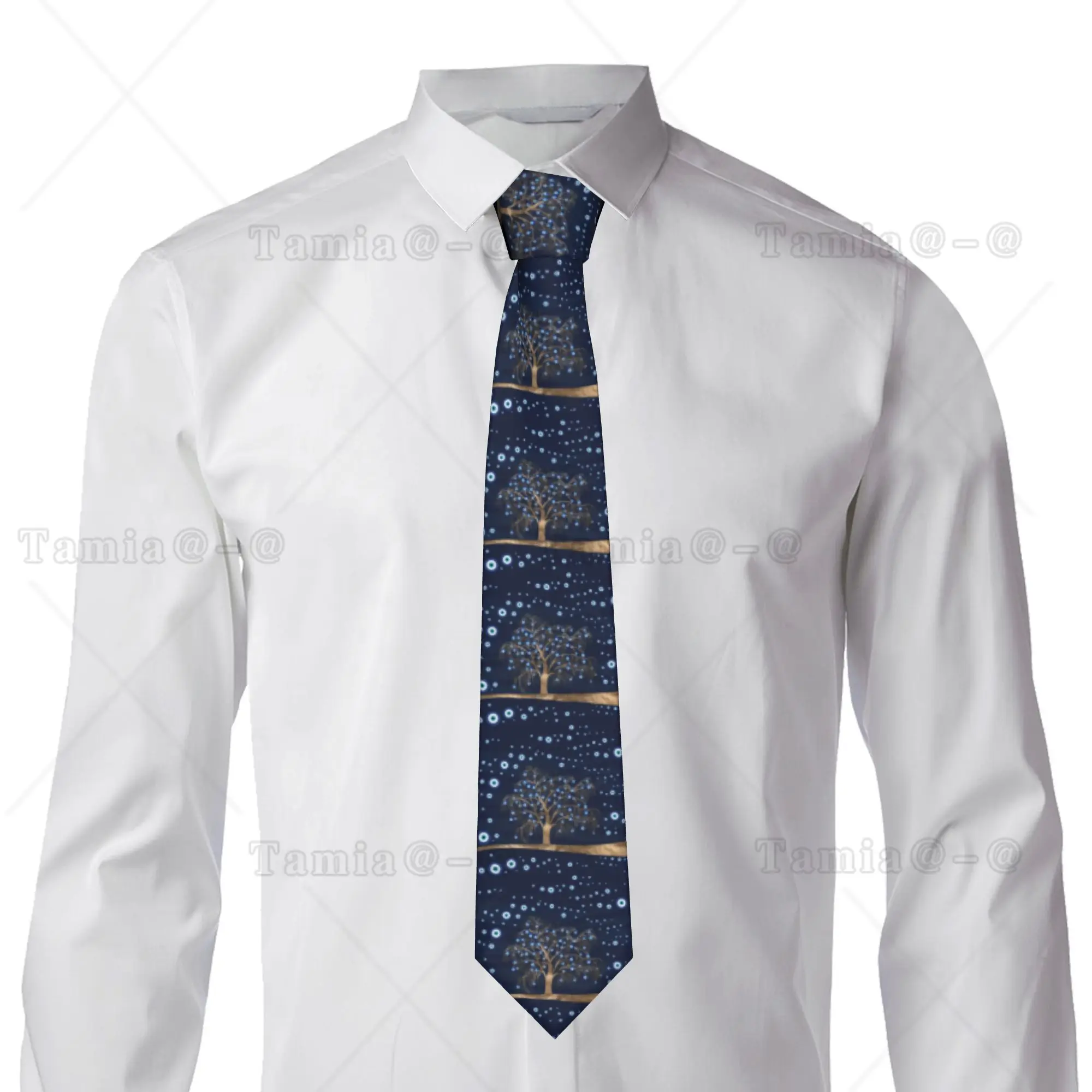 Custom Charm Tree Gold On Dark Blue Tie Mens Classic Silk Amulet Nazar Evil Eye Necktie for Wedding