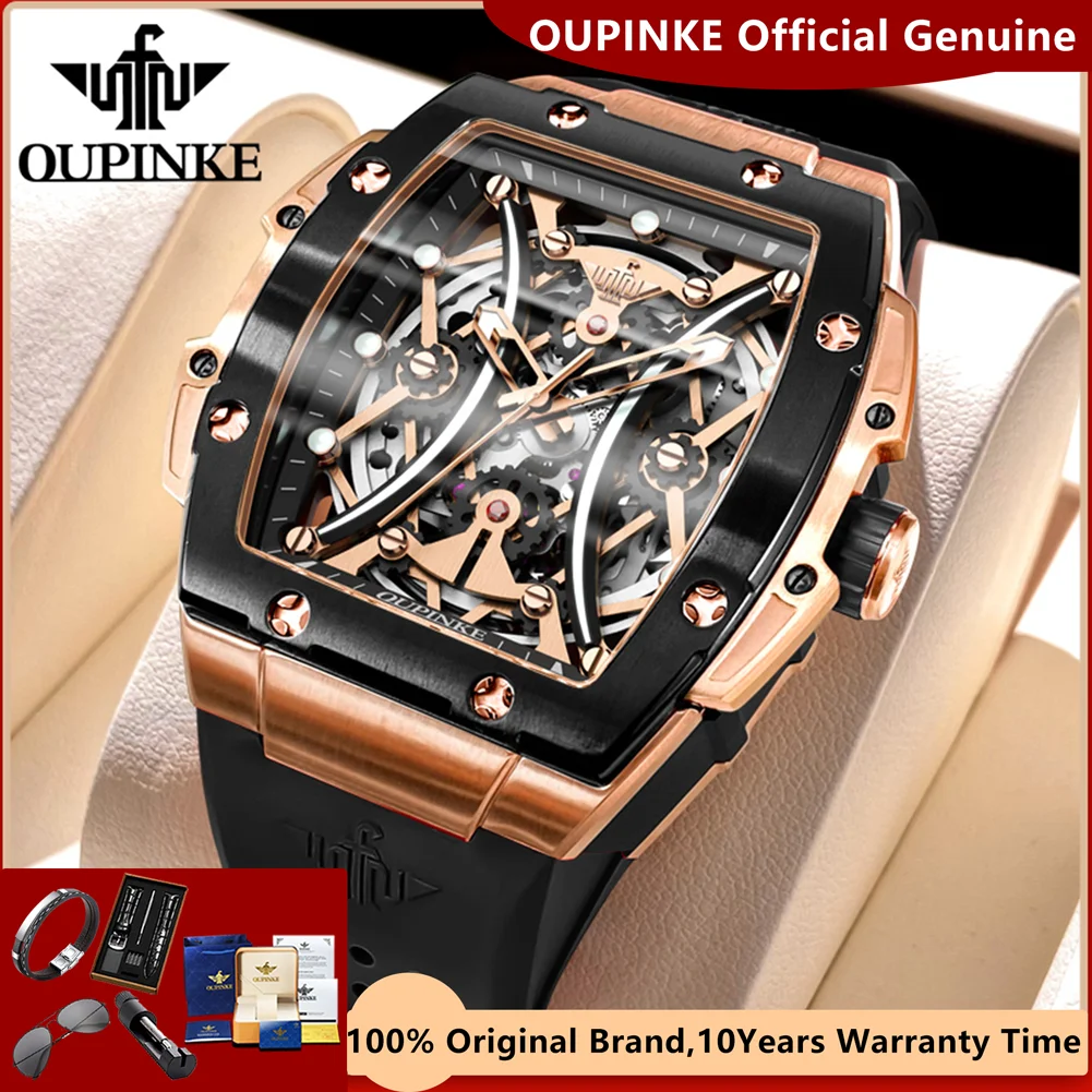 

OUPINKE Luxury Man Watch Tonneau Silicone Strap Men's Watch Hollow Out Import Automatic Movement Mechanical Wrist Watch for Men