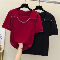 Black Red chain Tops For Women Short Sleeve Casual T Shirt Female Fashion New Clothing 2023 Summer 4XL