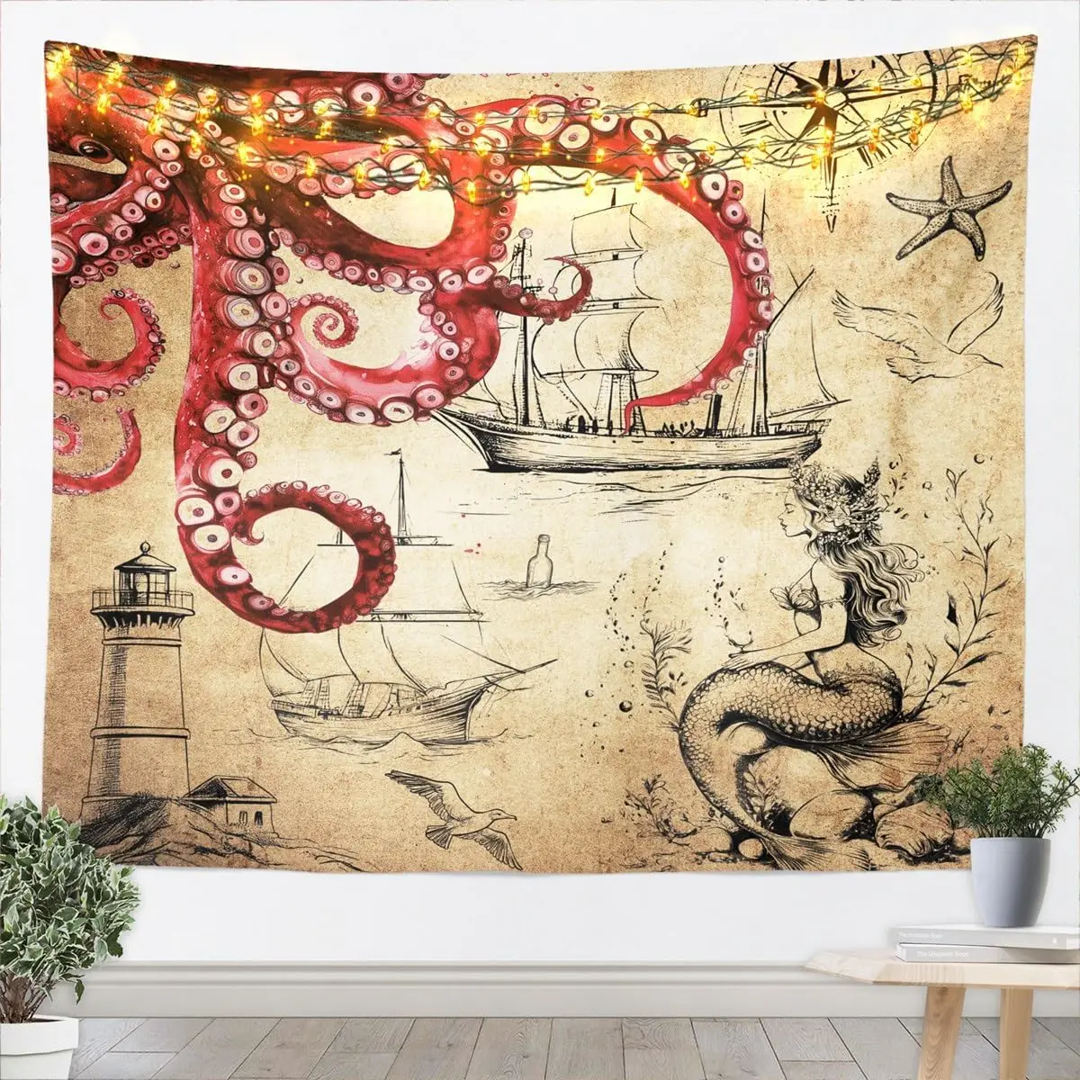 Nautical Coastal Tapestryred Octopus Tapestry for Bedroom Vintage Ocean Anchor Tapestries Medium for Kids Adults Sea Animals