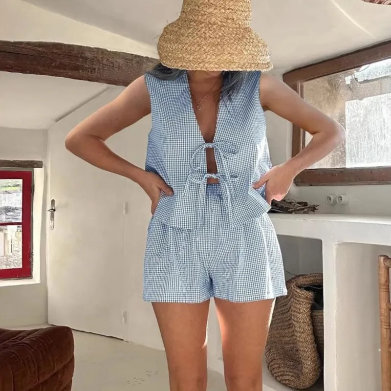 

Y2K Vintage Plaid Outfit Loose V Neck Front Tie-Up Blouse Top + Shorts Women 2 Piece Lounge Matching Set