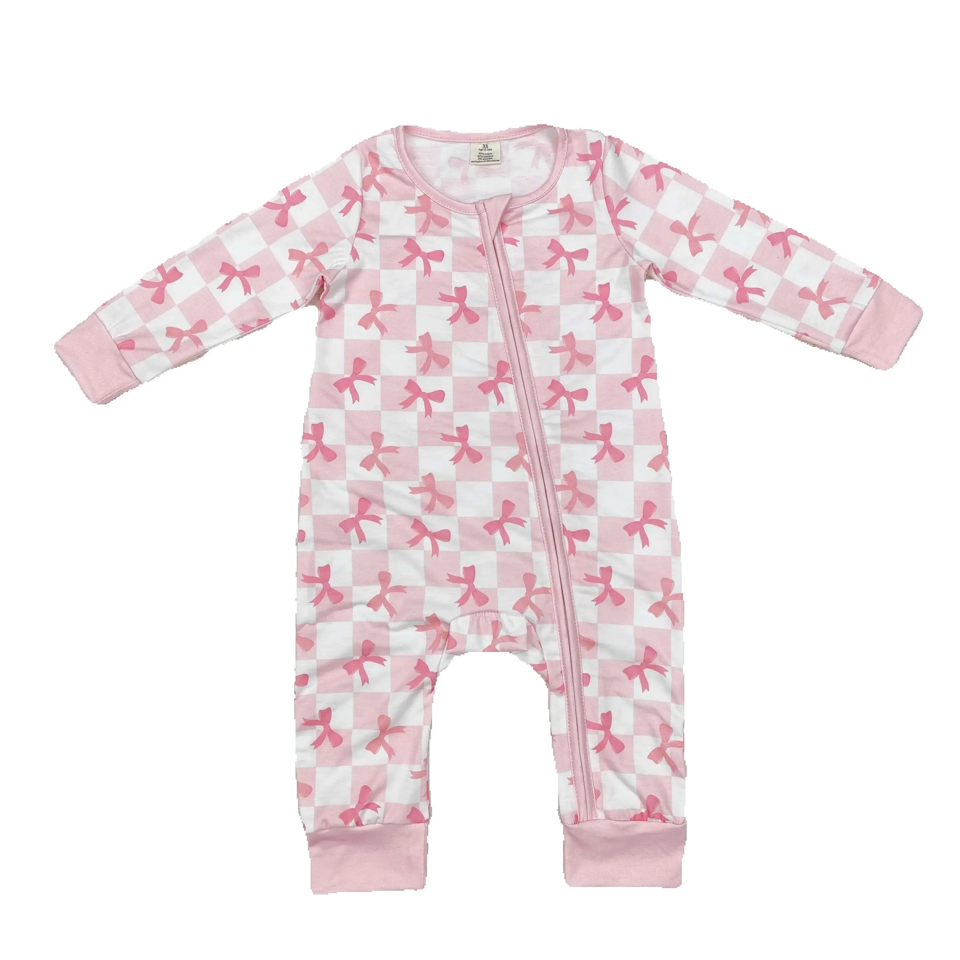 LR1607 Good Quality Baby Girl Clothes Long Sleeves Modal Bow Light Pink Plaid Zipper Print With Jumpsuit Children Clothes Rts